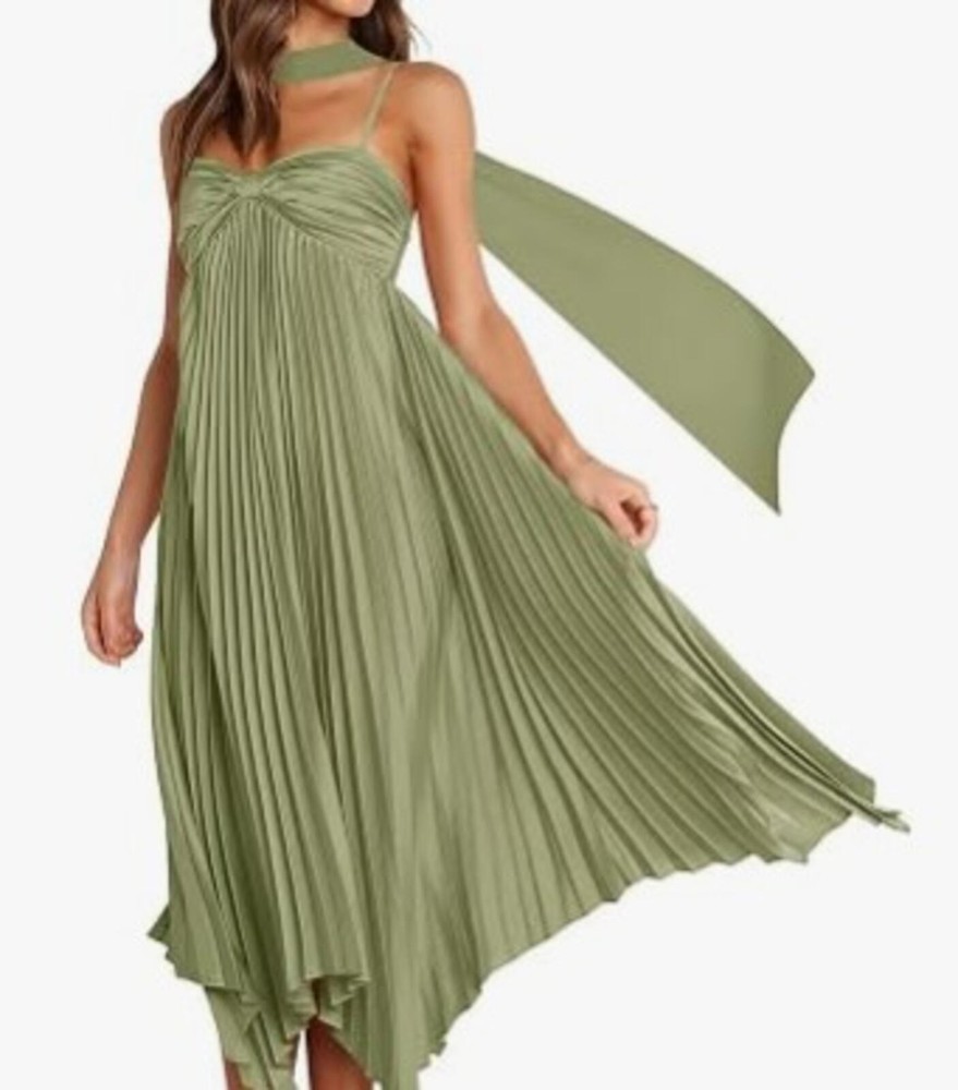 Sage Satin Spaghetti Strap Pleated Dresse with Scarf , Midi, Size 2