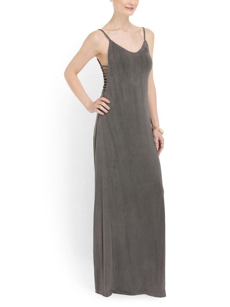 NWT Gypsy 05 Sand Gray Deep V Bamboo Side Strap Detail Maxi Dress S $187
