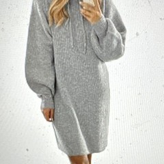 Women’s Gray Knit Hooded Drawstring Pullover Sweater Dress Long Sleeve M