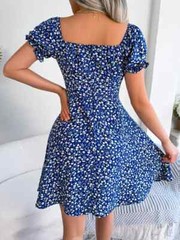 Spring Summer Square Collar Floral Ruffles Mini Dress Women Casual Flare Sleeves