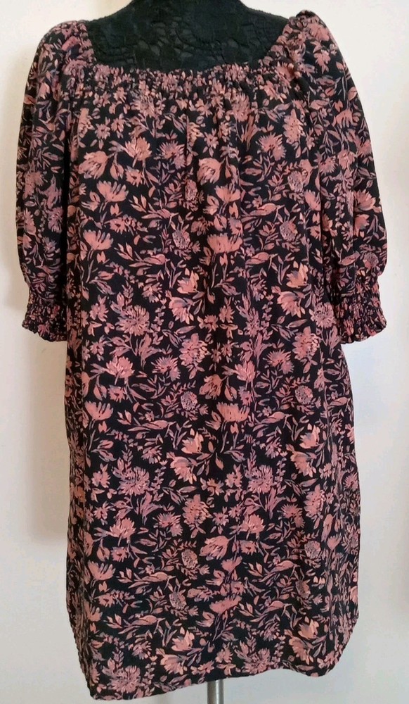 roan ryan Black Multicolor Floral Elastic Neckline Babydoll Tunic Dress Size L