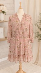 Ophelia Roe Pink Floral Long Sleeve Semi Sheer Lined Ruffle Dress Short Sz 2X
