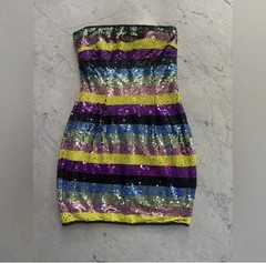 A&rsquo;GACI Multicolor Striped Sequin Strapless Bodycon Mini Dress Zip M