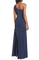 MARIA BIANCA NERO Navy Blue One Shoulder Stretch Front Slit Maxi Gown Dress 0 XS