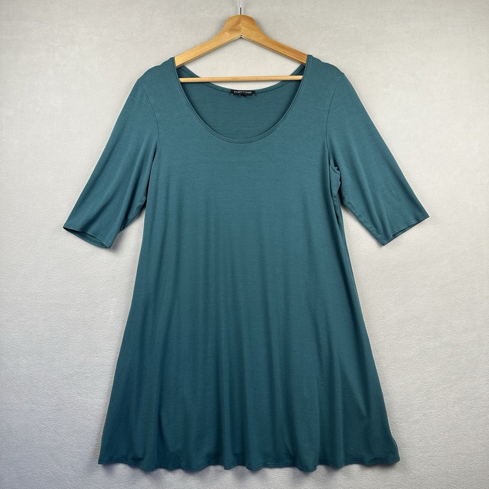 Eileen Fisher Elbow Sleeve Jersey Dress Women’s M Green Stretch Boho Lagenlook