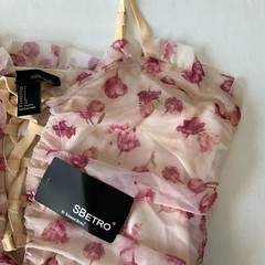 S Betro Mini Bodycon Dress Womens Size L Pink Floral Lined Straps Stretch Ruched