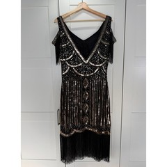 Black Sequin Fringe V-Neck Mini Dress with Metallic Accents B5