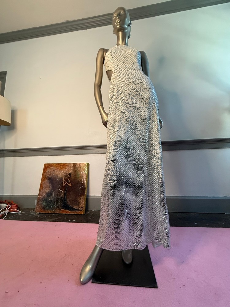 Cache White Sequin Open Back Formal Gown Dress Size 6 Altered Prom Gala Evening