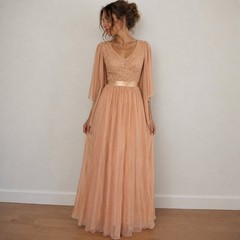 Miusol Champagne Pink Lace Sequin Maxi Dress Angel Sleeve Medium Fairycore