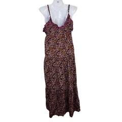 Natural Life Womens XS/S Floral Tiered Midi Dress Pink Embroidered Pockets Brown