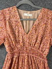 MNG Mango Dress Women Size 4 Pink Chiffon Floral Ruched waist Summer Spring