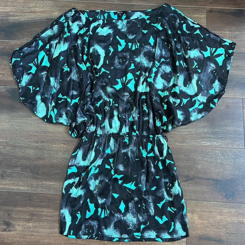 Express Size Small Mini Dress Batwing Sleeves Silk Black Teal Floral Flowy Drape