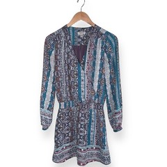 NORDSTROM CHELSEA28 Boho Print Babydoll Blouson Dress Mini Puff Sleeve Teal Red