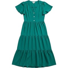 Monteau Tiered Midi Dress L Green Flutter Sleeve Bow Button Cottagecore
