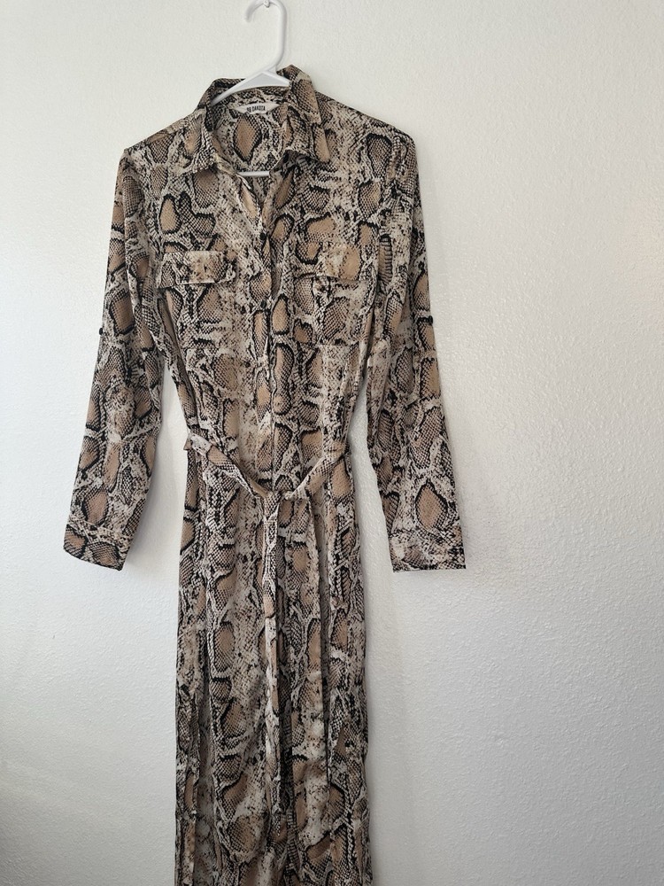 BB Dakota Brown Beige Black Snake Print Belted Long Sleeve Collared Shirt Dress
