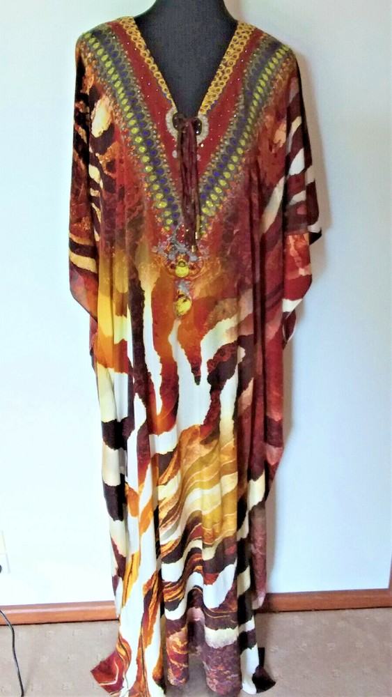 HEAVILY EMBELLISHED DESIGNER LONG V NECK SILK CREPE KAFTAN ANIMAL PRINT