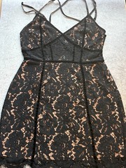 Tobi Women&rsquo;s Sz M Black Lace Bodycon Mini Dress Nude Lining Crisscross Strap