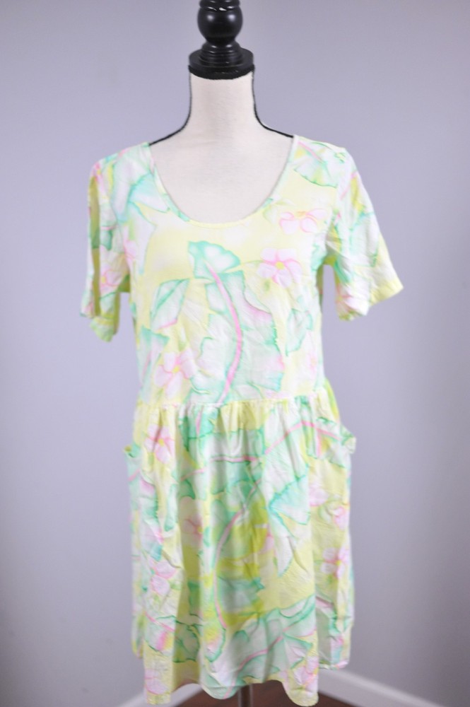 Hula Moon by Jams World Floral Tiered Crinkle Dress Hawaiian Rayon Women&rsquo;s Large