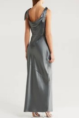 Petal & Pup Selma Gray One-Shoulder Satin Evening Gown Size L NWOT