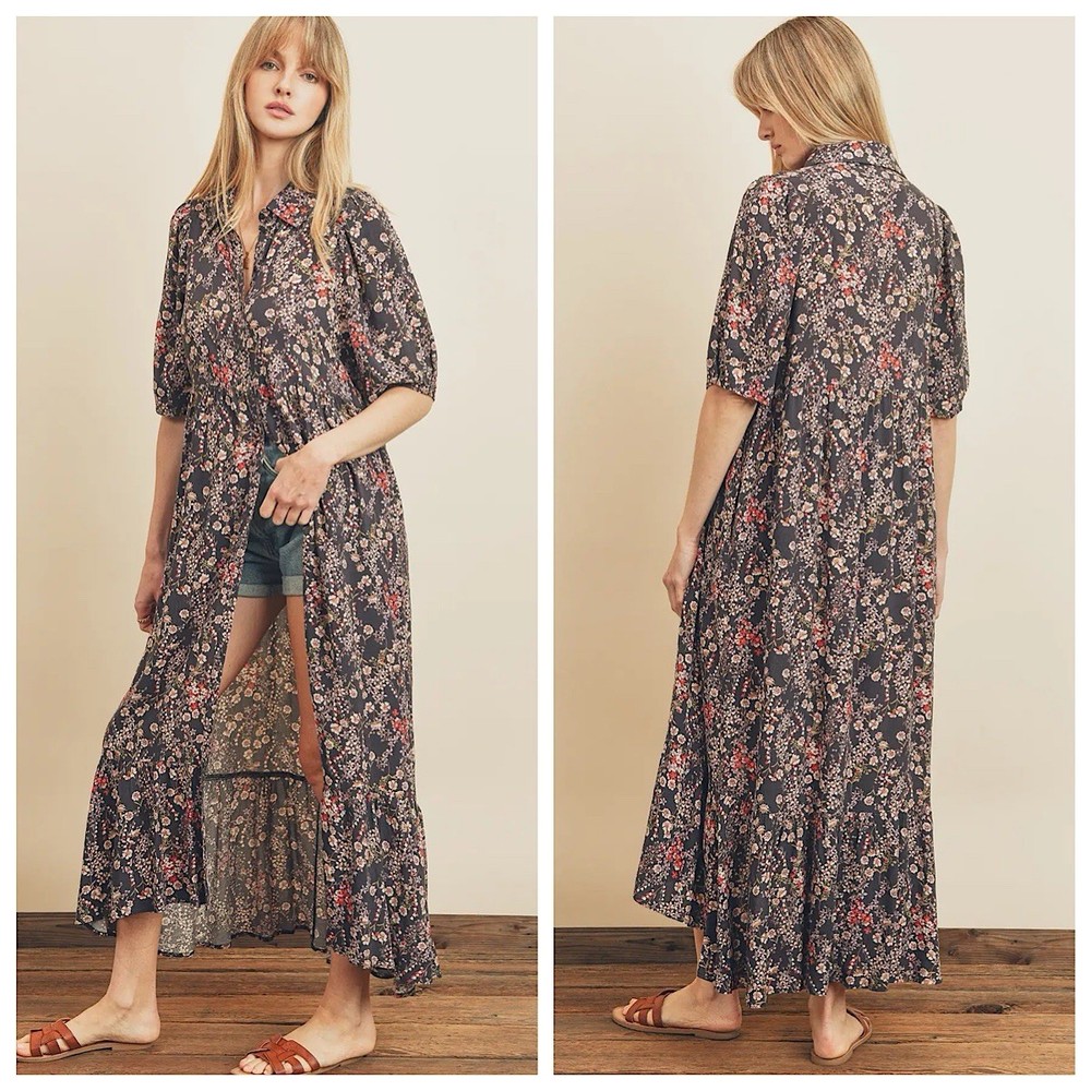 VICI Button Front Maxi Shirt Dress Sz M Blue Floral Elbow Sleeves Pockets Boho
