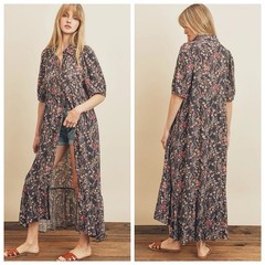 VICI Button Front Maxi Shirt Dress Sz M Blue Floral Elbow Sleeves Pockets Boho