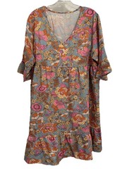 60s style dress womens XXL blue with pink flowers V-neck polyester (T1650D)