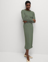 M&S LADIES COTTON STRIPE MIDI SKATER DRESS GREEN MIX SIZE 12 TALL (REF 215)