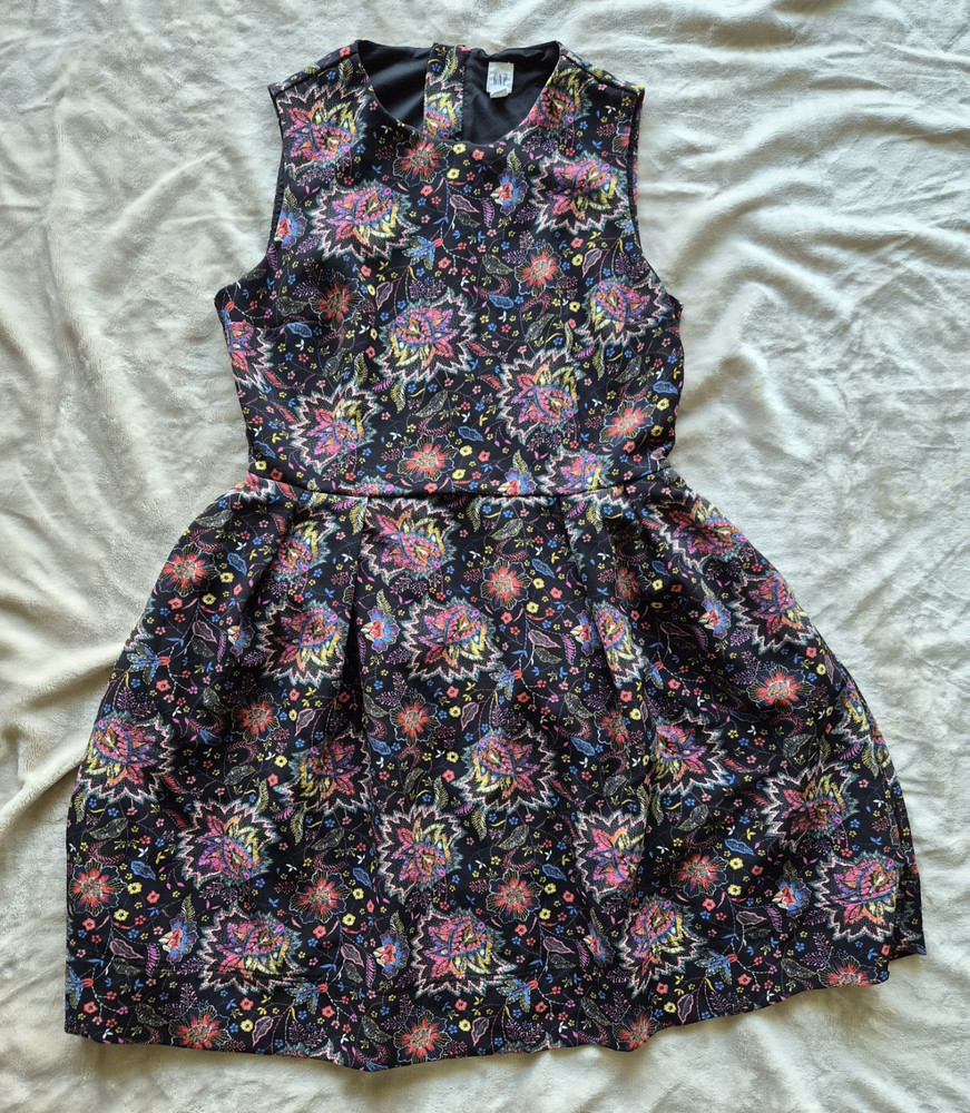 GAP Fit & Flare Floral Satin Mini Dress Black Multicolor Lined Zip Size 4