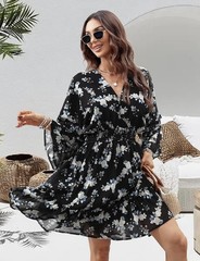 Women’s Large Navy Floral Boho Dress Smocked Waist Chiffon Flutter Sleeves