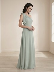 After Six by Dessy Draped 1-Shoulder Maxi Dress w/Scarf Bow, Willow Green Size 2