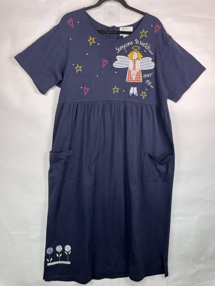 Quacker Factory Maxi Dress Large Navy Angel Flowers Embroidered Pockets