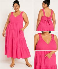 Old Navy Womens 4X Pink Tiered Gauze Dress Sleeveless Smocked Tie Back NWT