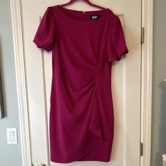 DKNY Pink Solid Sheath Knee Length Dress 14 Puff Short Sleeve Zip Ruffle