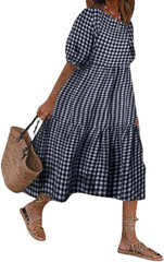 Women&rsquo;S Retro Lantern Puff Sleeve Plaid Dress Gingham Swing Tiered Midi Long XL