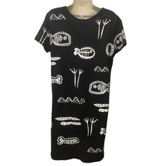 M. Mac Cotton Fields Fish Print Shift Dress Small Black White Made USA Cotton