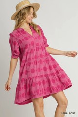 Rose Umgee Swiss Dot Jacquard Collared Tiered Short Dress w/ Smock Puff Sleeves