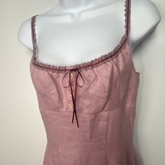 Kookai EU 36 Pink Linen Slip Dress Coquette Cottagecore Lace Trim Side Zip Y2K
