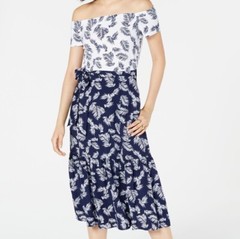 Maison Jules Womens 6 Blue White Fronds Off The Shoulder Midi Sheath Dress NWT