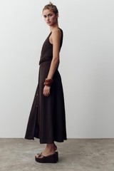 Zara Belted Midi Dress Brown Sleeveless Square Neck Gold Buckle XS S M L XL NWT