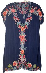Johnny Was Embroidered Flower V-Neck Navy Shift Dress Size Medium