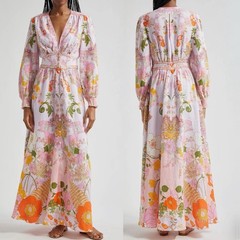 CAMILLA « Clever Clogs » Linen V-Neck Empire Waist Floral Smocked Maxi Dress, M