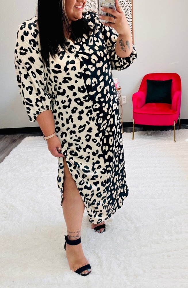 Oddi Women&rsquo;s Black/Cream Colorblock Leopard V-Neck Midi Puff Sleeve Slit Sz L
