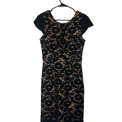 Esley Black & Cream Lace Overlay Short Capped Sleeve Bodycon Dress Women Sz S