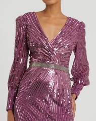 Mac Duggal Raspberry Purple Sequin Beaded Long Sleeve Sheath Gown Size 14 $598