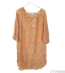 0039 Italy Orange/Beige 3/4 Sleeve Shirt Dress Size XS Sheer Lightweight Beachy