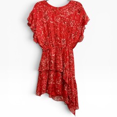 IRO Blame Red Printed Chiffon Asymmetric Mini Dress Flutter Sleeve Size 36 US 4