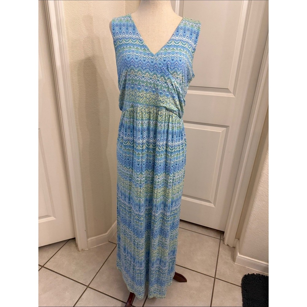 J. Jill Blue & Green Sleeveless V-Neck Maxi Dress