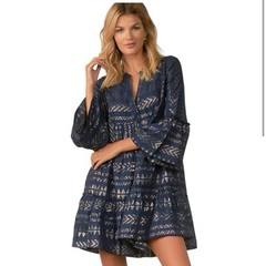 Elan clara dress navy blue/gold metallic geometric bell sleeve tiered dress sz M