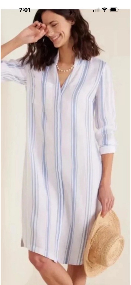 Soft Surroundings Blue White Striped Linen Shirt Dress V-Neck Pockets 1X