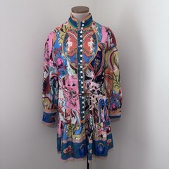 Women’s SMALL Button Shirt DRESS Artsy Graffiti Party Novelty All-Over Fantasy